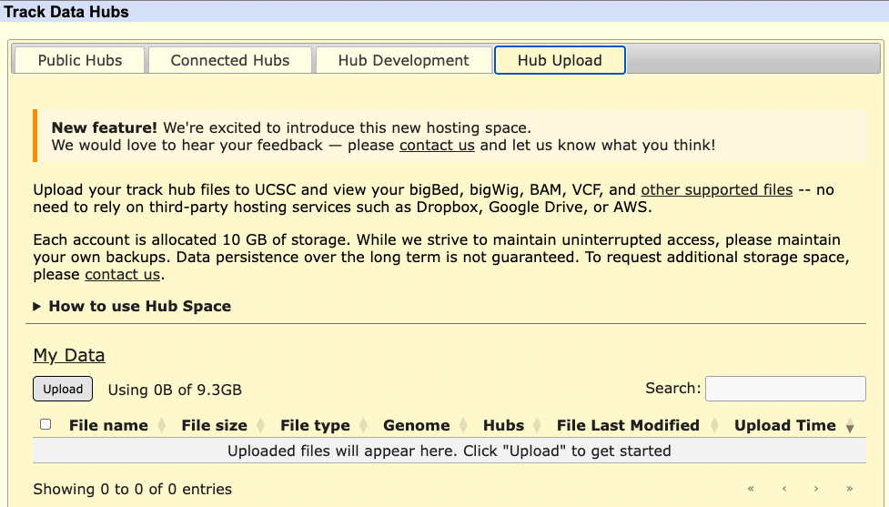 Screenshot of the HubSpace file hosting and track hub management interface